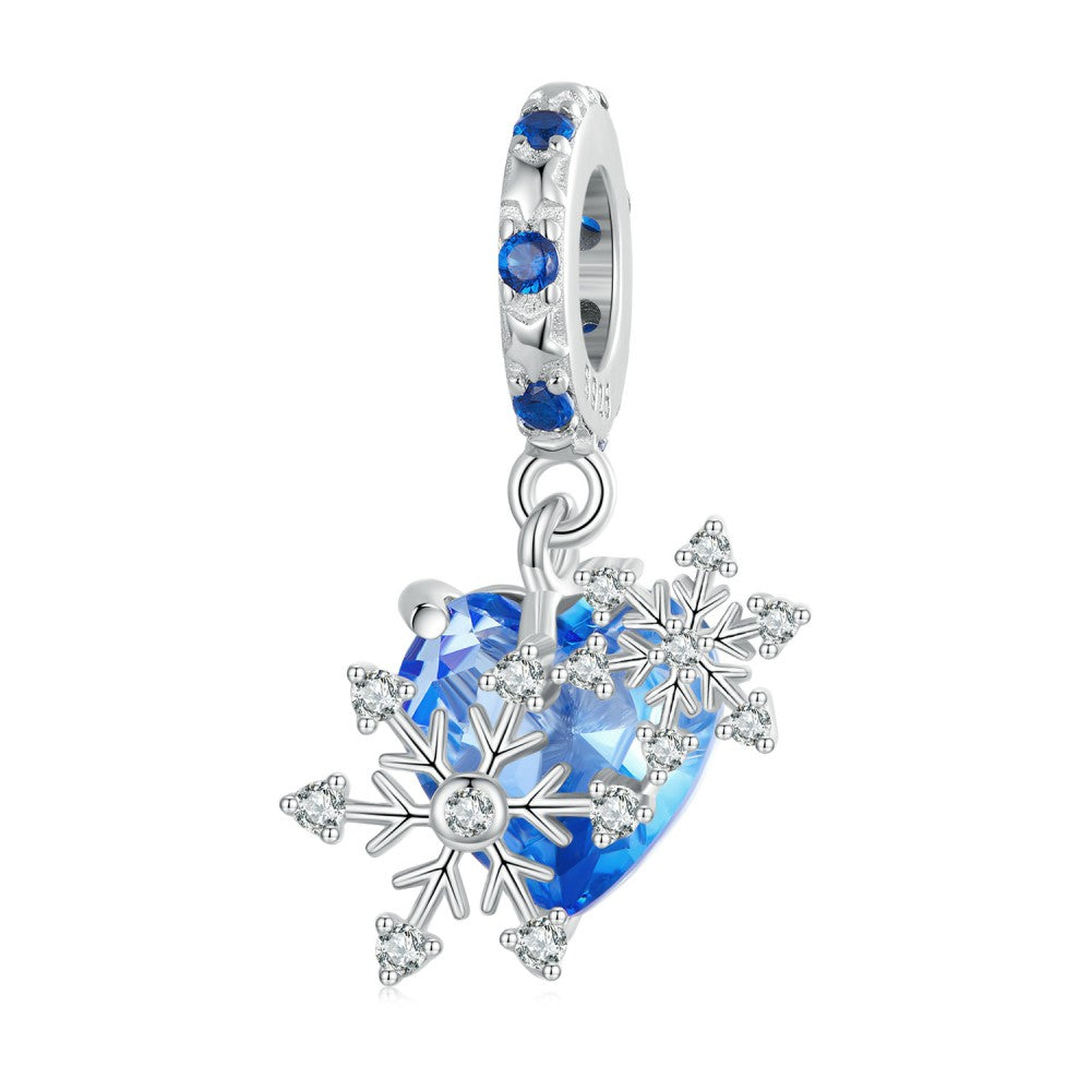 blue heart with snow flakes dangle charm 925 sterling silver yb2419