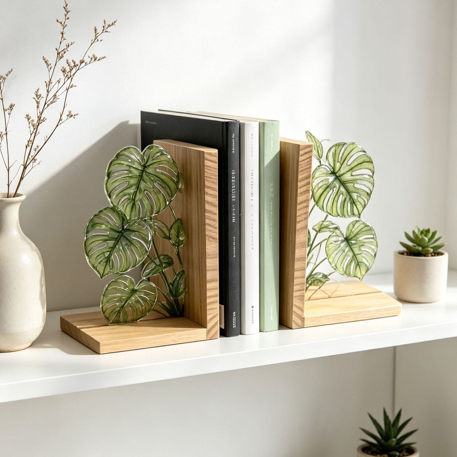 Fermalibri In Vetro Colorato Con Monstera, In Legno Di Noce, Decorazione Botanica Per Libri, Piante Tropicali, Complemento D'arredo Per Libreria, Regalo Per Amanti Dei Libri, Regalo Per L'inaugurazione Della Casa. - soufeelit