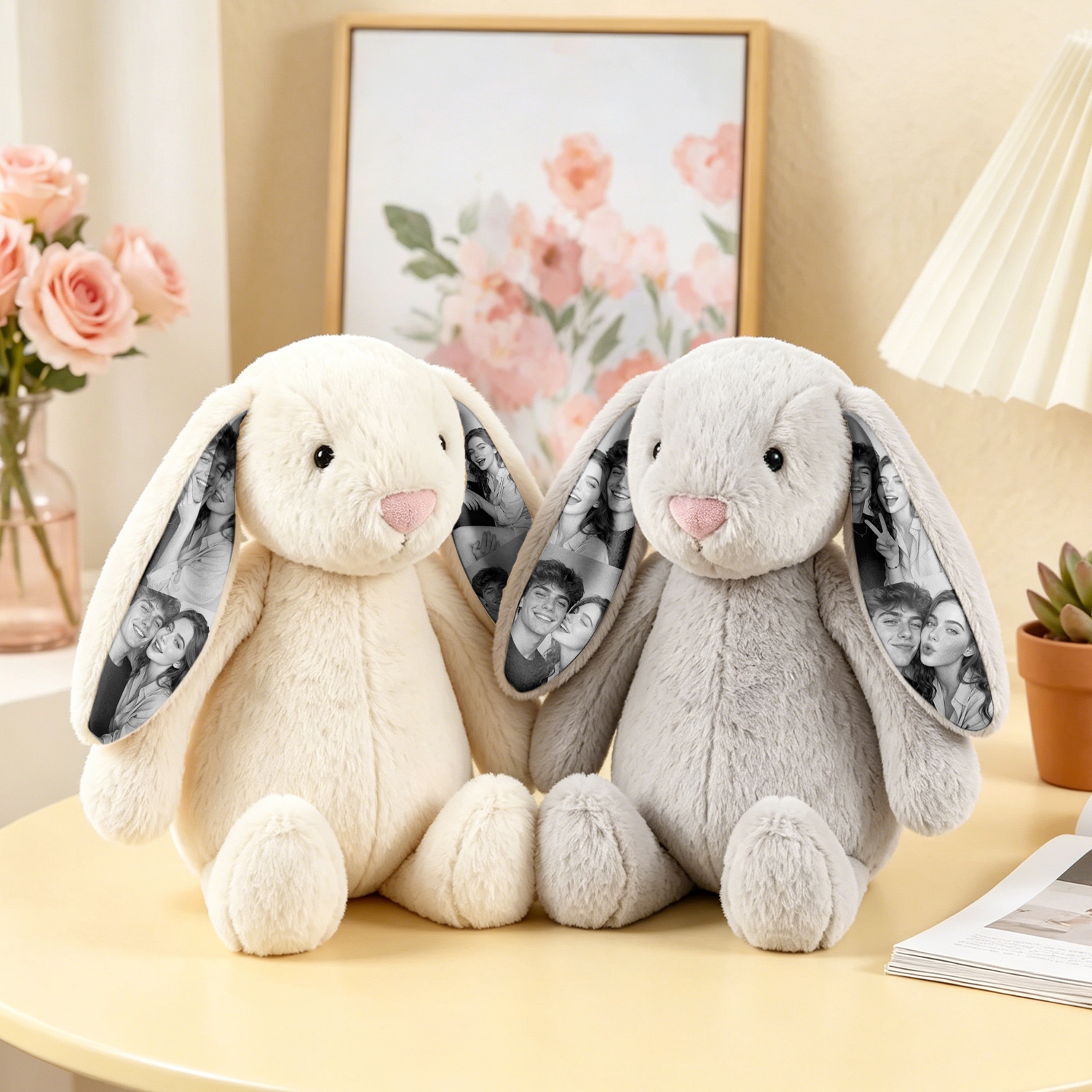 Foto Personalizzata Di Coppia Di Coniglietti In Peluche Con Immagine Nascosta Dell'orecchio Nascosta, Regalo Di Coniglietto Per Regali Di Anniversario Di Coppia - soufeelit