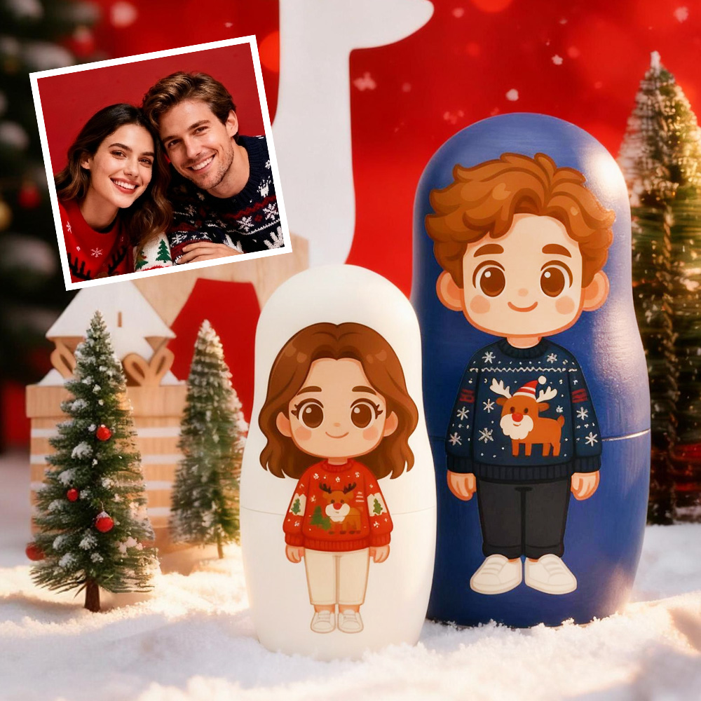 Matrioska Personalizzata Con Ritratto, Ritratto Di Famiglia Con Foto Personalizzata, Stile Cartone Animato, Regalo Di Natale Per Coppia - soufeelit