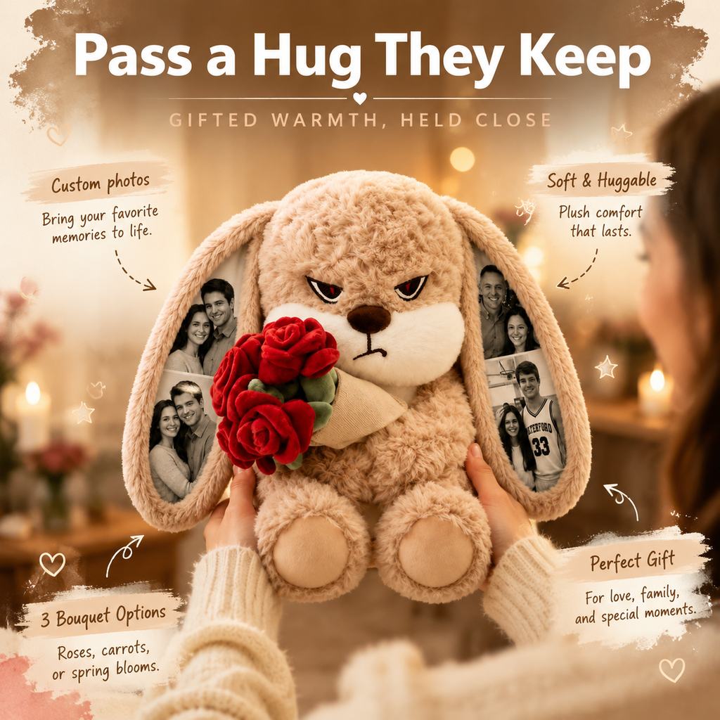 Peluche Personalizzato Di Grumpy Bunny Con Orecchie Personalizzate Con Foto, Simpatico Coniglietto Di Peluche Che Tiene In Mano Delle Rose, Regalo Per Lei, Per Lui, Per Coppie E Persone Care. - soufeelit