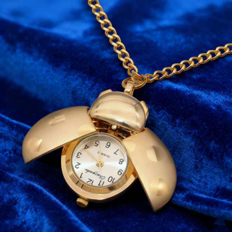 Relógio De Bolso Joaninha Vintage Dourado Com Colar E Chaveiro Com Pingente De Inseto Fofo - soufeelbr