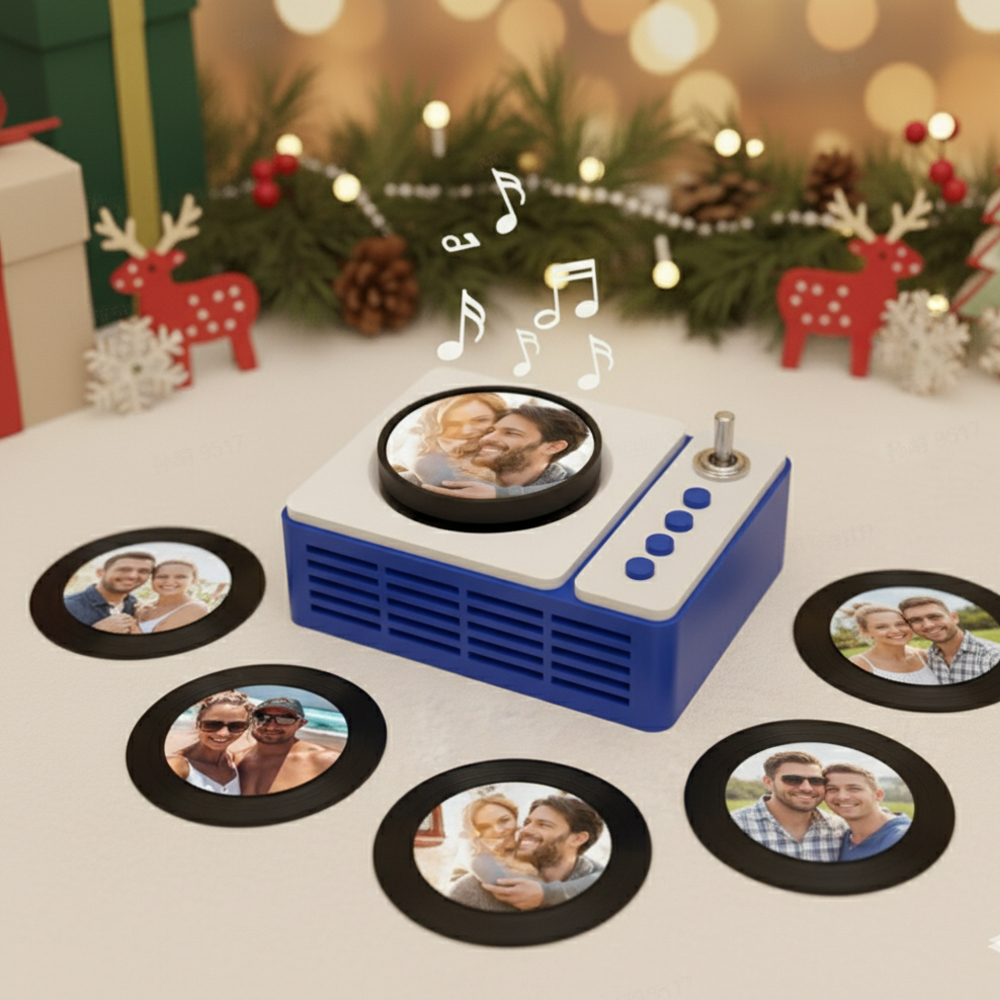 Mini Toca-discos Personalizado Com Foto E Música À Sua Escolha - Presente De Natal Musical Único - soufeelbr