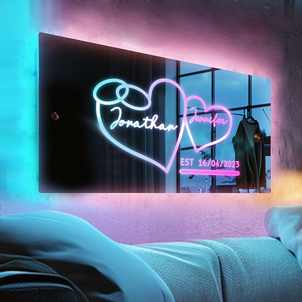 Nome Personalizado Espelho Coração Datas Especiais Led Iluminado Decorações De Parede Iluminadas Presentes Do Dia Dos Namorados Para Casal