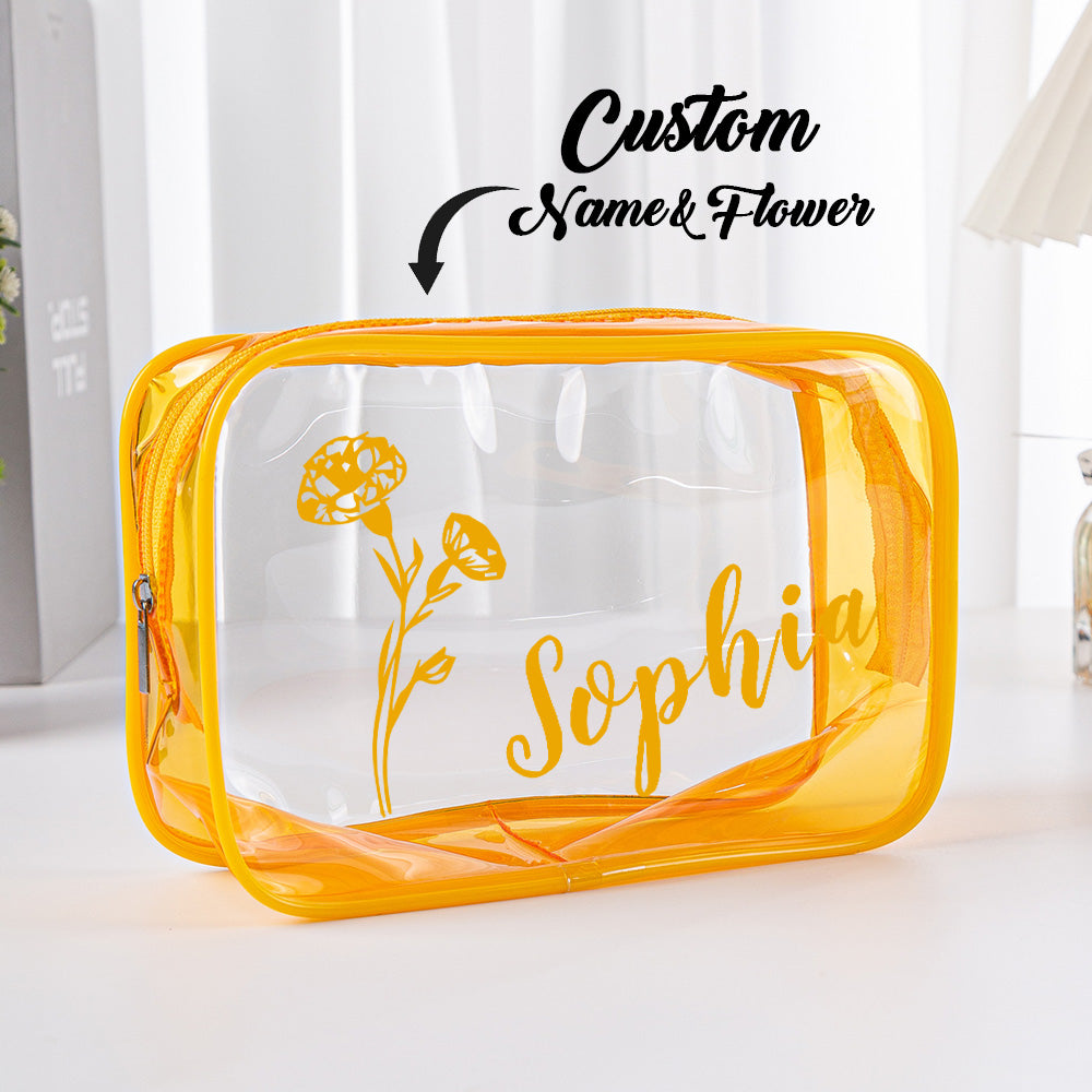 Bolsa De Maquiagem Transparente Com Nome De Flor De Nascimento Personalizada, Presente De Viagem De Casamento De Aniversário Para Ela - soufeelbr