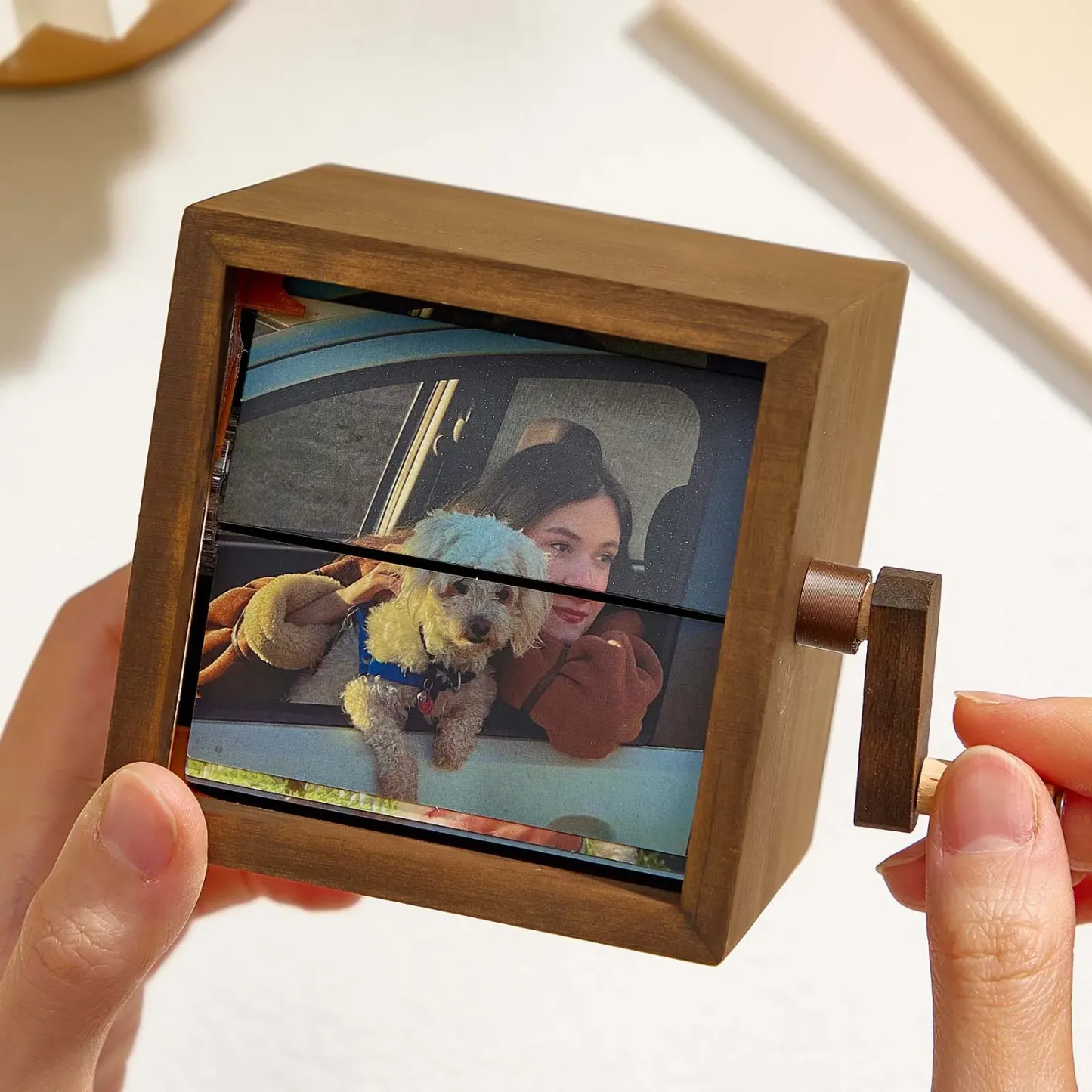 Moldura de flipbook de fotos personalizada, máquina de animação, álbum de fotos mecânico com manivela, com moldura de cubo de fotos de bebê em nogueira preta clara, presente criativo