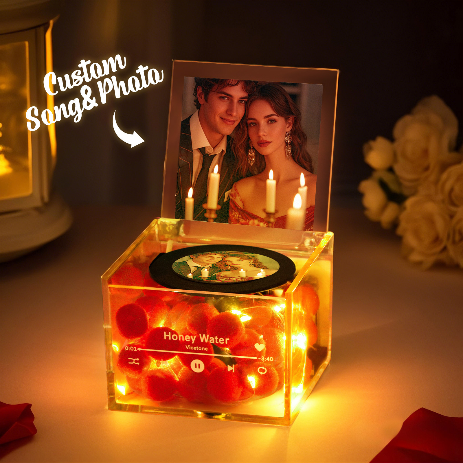 Mini Toca-discos De Vinil Personalizado, Estilo De Flor De Coração Vermelho, Foto Gravada, Presente De Aniversário Para Casais - soufeelbr