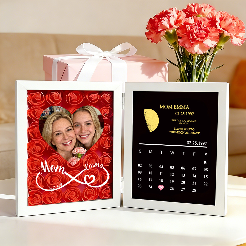 Sinal De Infinito Com Nomes, Moldura De Flores Personalizadas Com Calendário De Fase De Lua Real, Presentes De Dia Das Mães - soufeelbr
