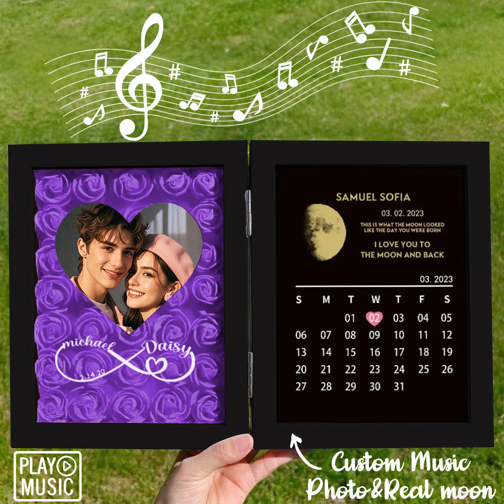 Moldura De Flores De Rosas Personalizada Com Fase Da Lua Real Pode Tocar Música Calendário De Aniversário Presente Para Ela - soufeelbr