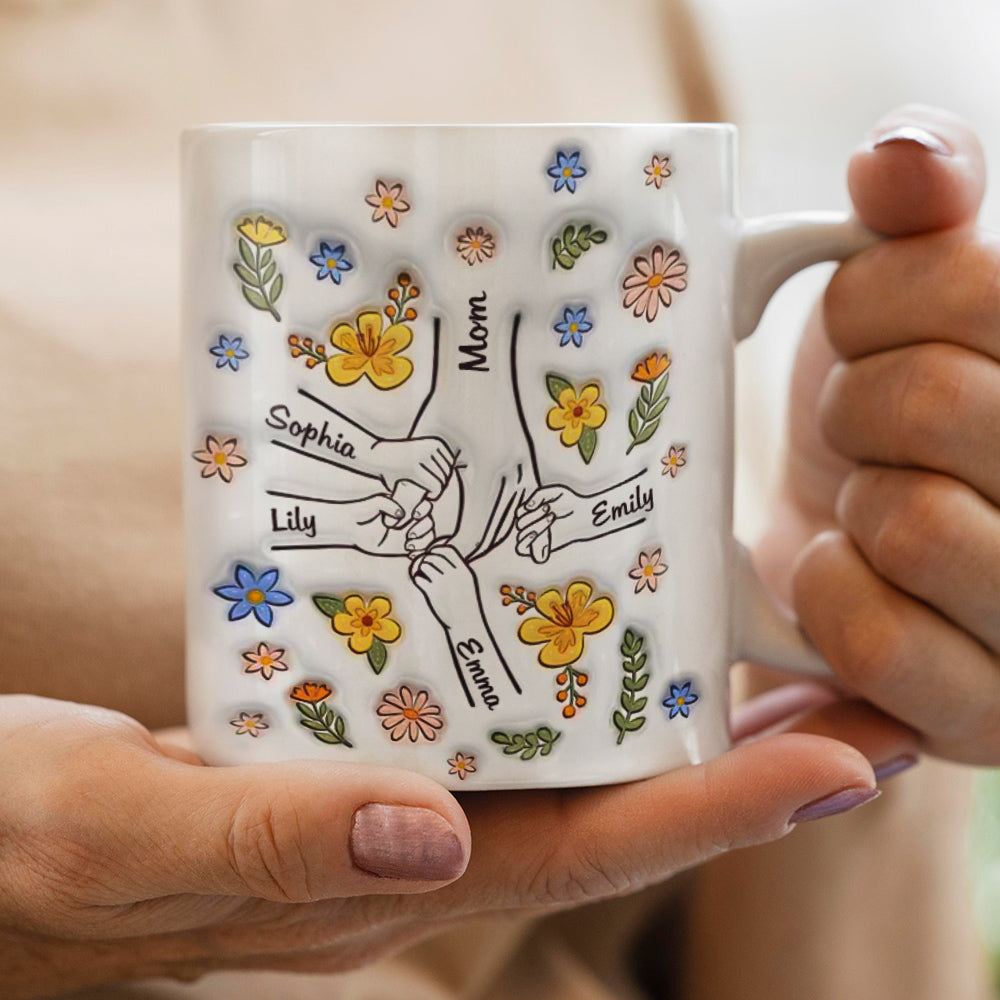 Caneca impressa com efeito inflado 3D personalizado, você segura nossas mãos e também nossos corações, presente para mamãe e avó