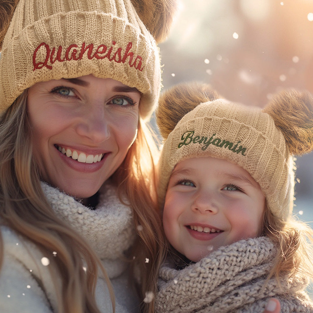 Gorro Quente Personalizado Para Mãe E Bebê, Chapéu De Malha De Algodão Para Pais E Filhos Com Nomes Bordados - soufeelbr