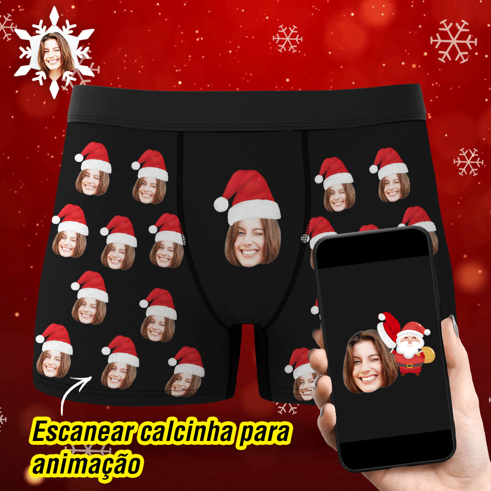 Shorts Boxers Rosto Personalizado Com Chapéu De Natal Roupa Íntima Com Foto Personalizada Presente De Natal Para Homens