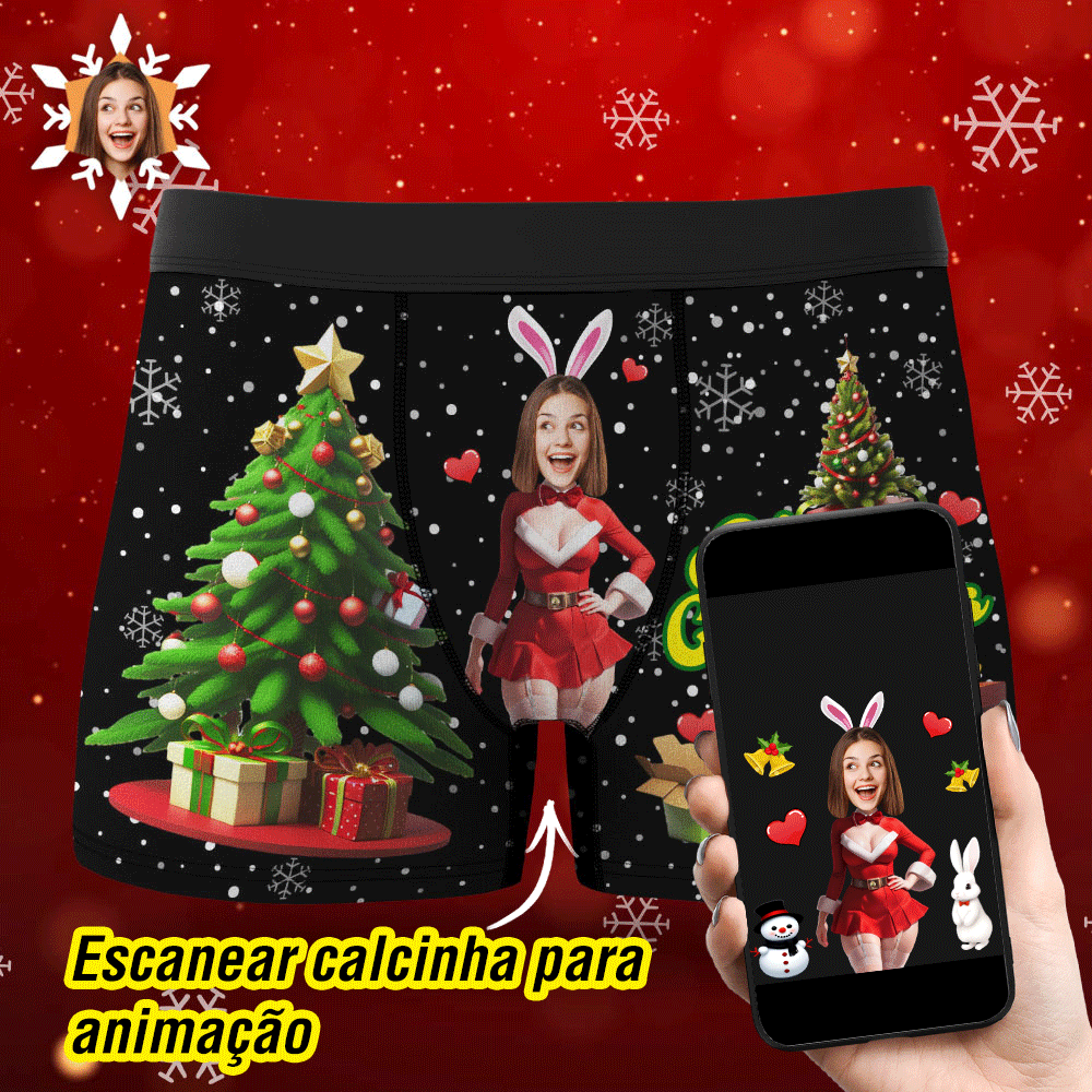 Foto Personalizada Boxer Santa Coelho Menina Rosto Roupa Íntima Casal Presentes Presente De Natal Vista Ar