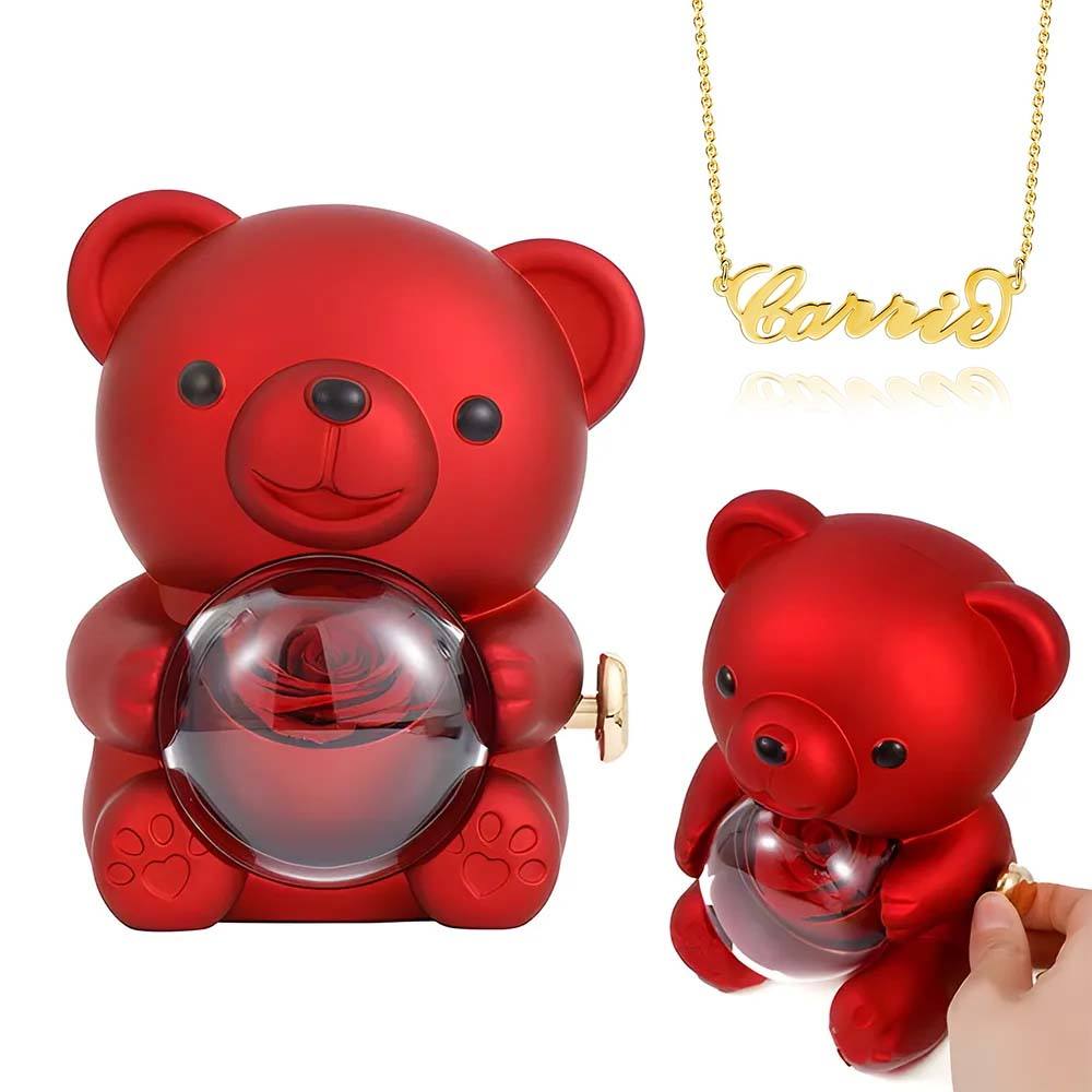 Colar Com Nome Personalizado Com Caixa De Presente De Urso Rosa Real, Caixa De Presente Em Formato De Rosa, Caixa De Presente De Joias - soufeelbr