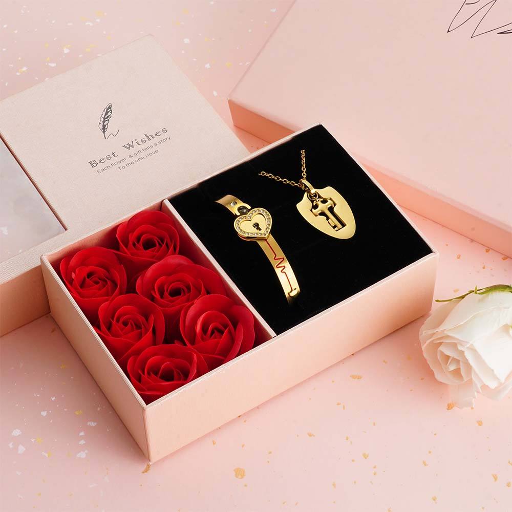 Pulseiras E Colar De Casal Com Projeção Personalizada, Caixa De Presente Com Urso De Rosa Real, Caixa De Presente Em Formato De Rosa, Caixa De Presente De Joias - soufeelbr