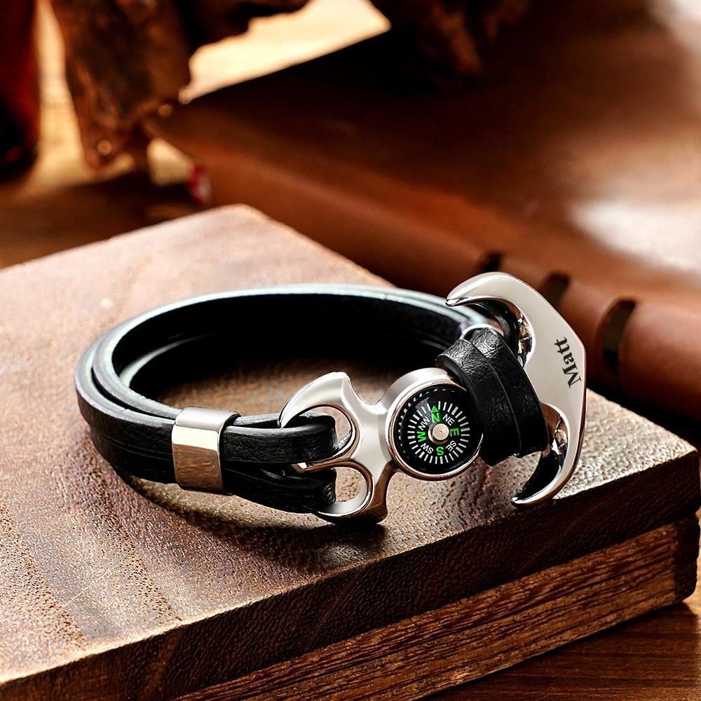 Pulseira Com Nome Personalizado Âncora Criativa Esportes Ao Ar Livre Bússola Couro - soufeelbr