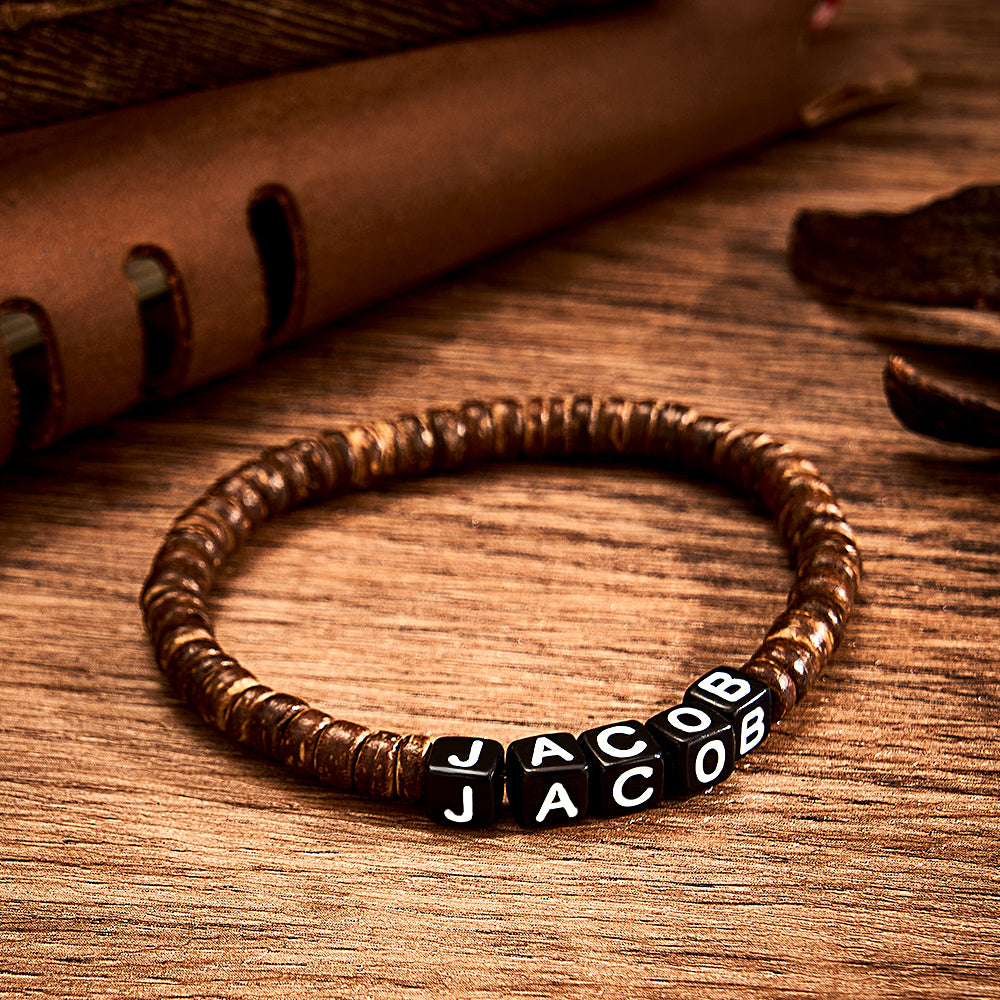 Pulseira De Contas De Madeira Personalizada Com Nome Pulseira Retrô Presentes Para Ele - soufeelbr