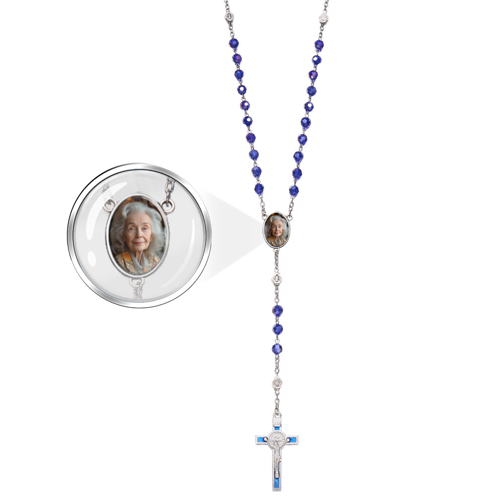 Colar De Cruz De Contas De Rosário Personalizado Colar De Cristal Azul Personalizado Com Foto - soufeelbr