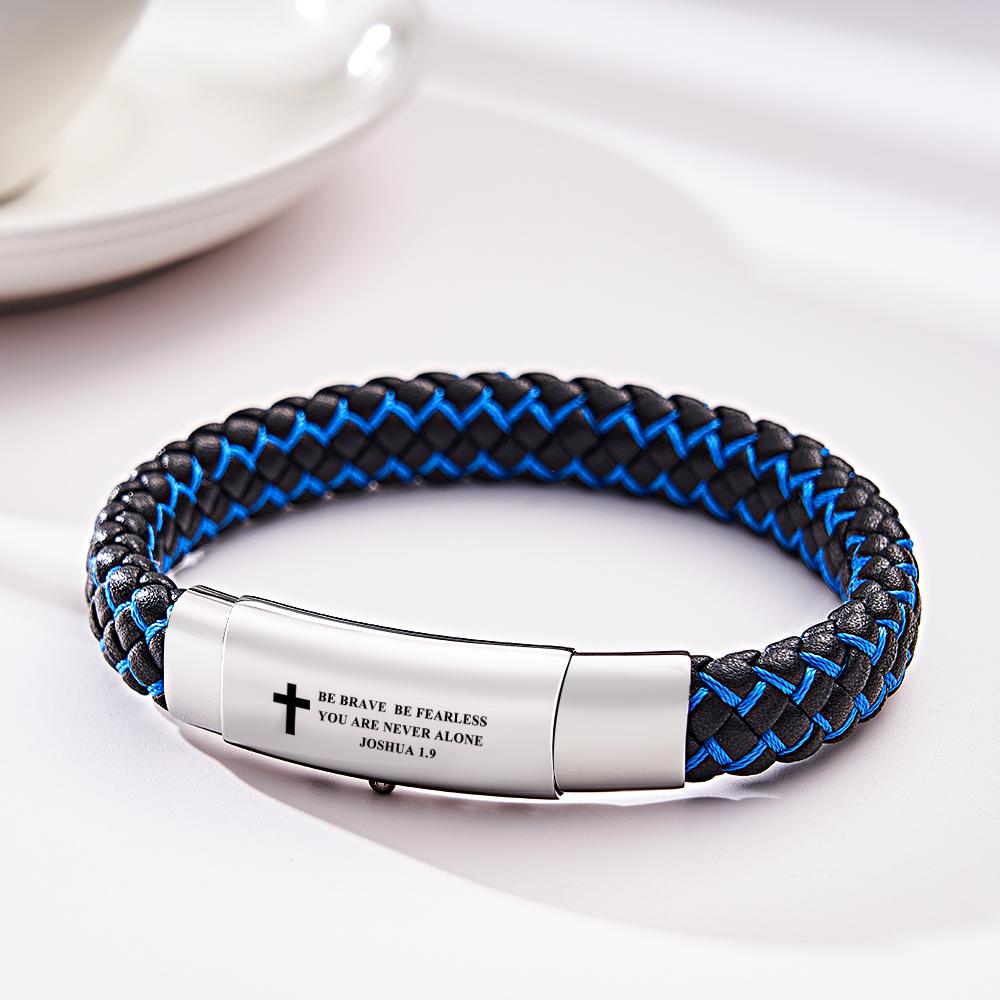 Mantra Inspirador Masculino Gravado Feito À Mão Em Couro Trançado Azul Pulseira Ajustável Com Punho - soufeelbr