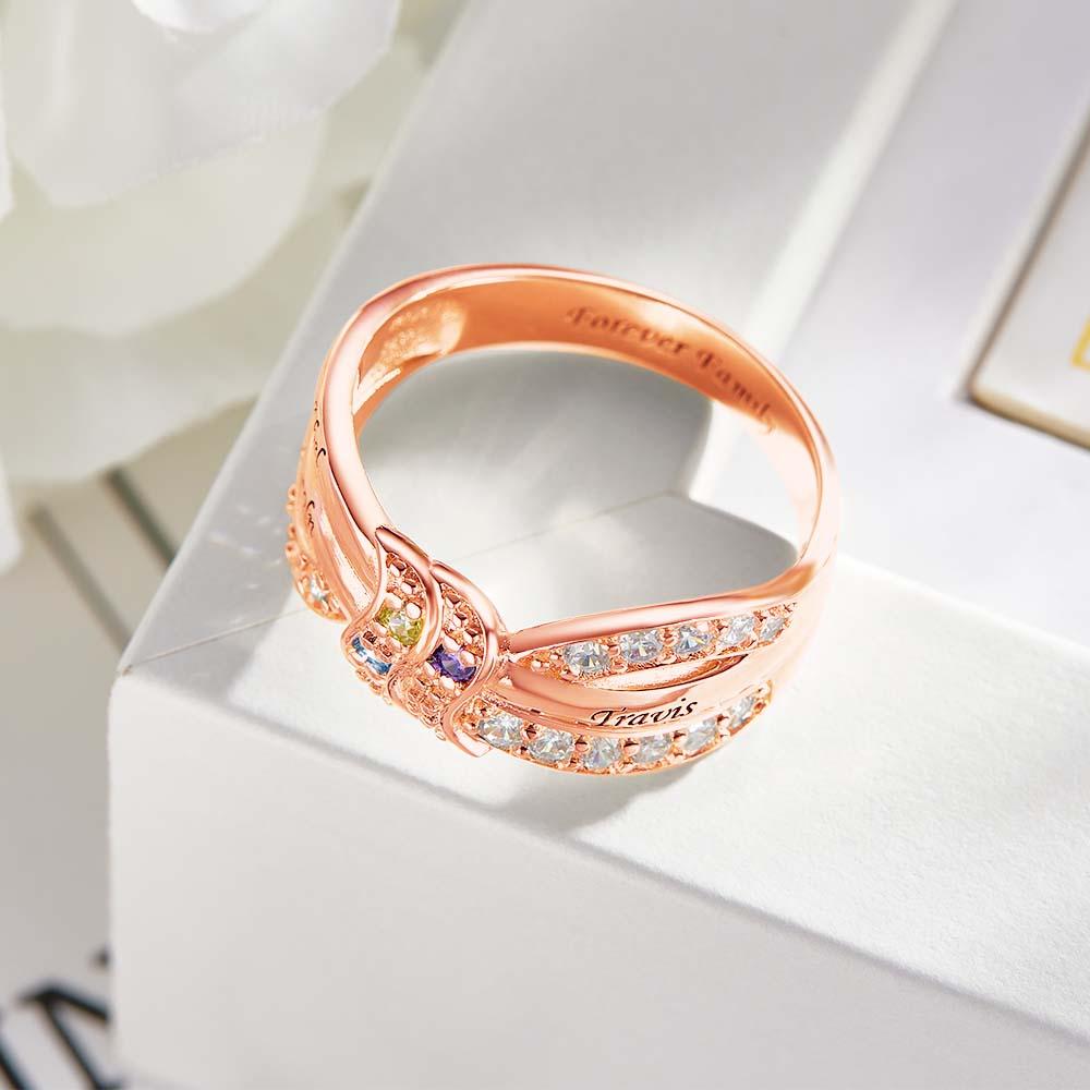 Anel De Pedra De Aniversário Com Nome Personalizado E Texto, Banhado A Ouro Rosa, Presente De Família Personalizado Para Ela - soufeelbr