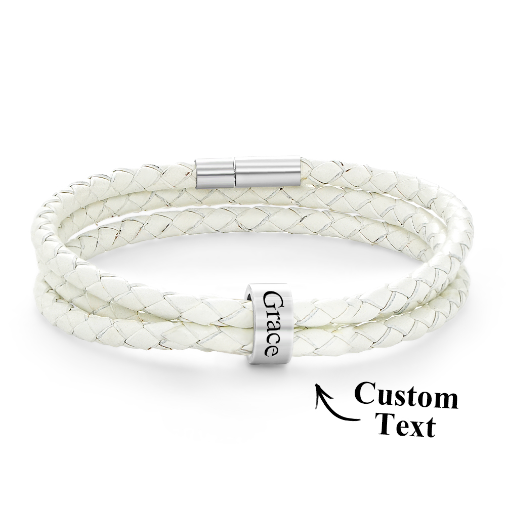 Pulseira Masculina De Couro Trançado Com Pequenas Contas Personalizadas