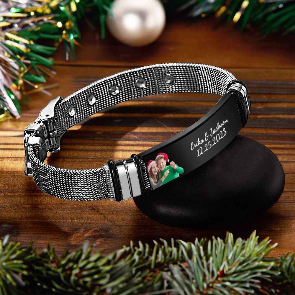 Pulseira Com Foto Personalizada Gravada Em Aço Inoxidável Para Homens, Presente Para Presentes De Natal - soufeelbr