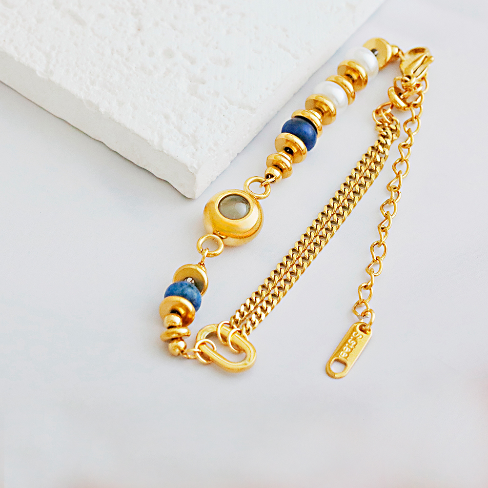 Pulseira De Projeção De Foto Personalizada Vintage Luxo Pedra Natural Pulseira 18k Banhado A Ouro Aço Inoxidável À Prova D' Água Presente Para Ela - soufeelbr