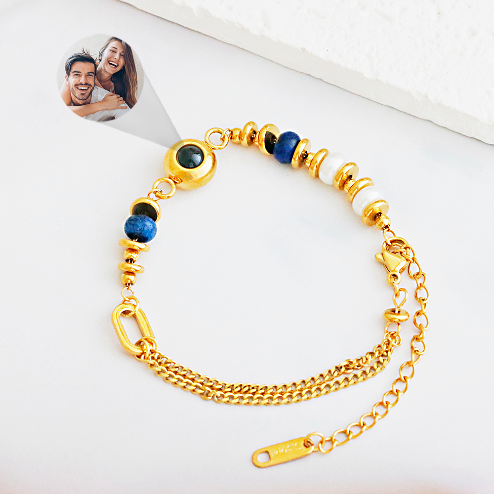 Pulseira De Projeção De Foto Personalizada Vintage Luxo Pedra Natural Pulseira 18k Banhado A Ouro Aço Inoxidável À Prova D' Água Presente Para Ela - soufeelbr