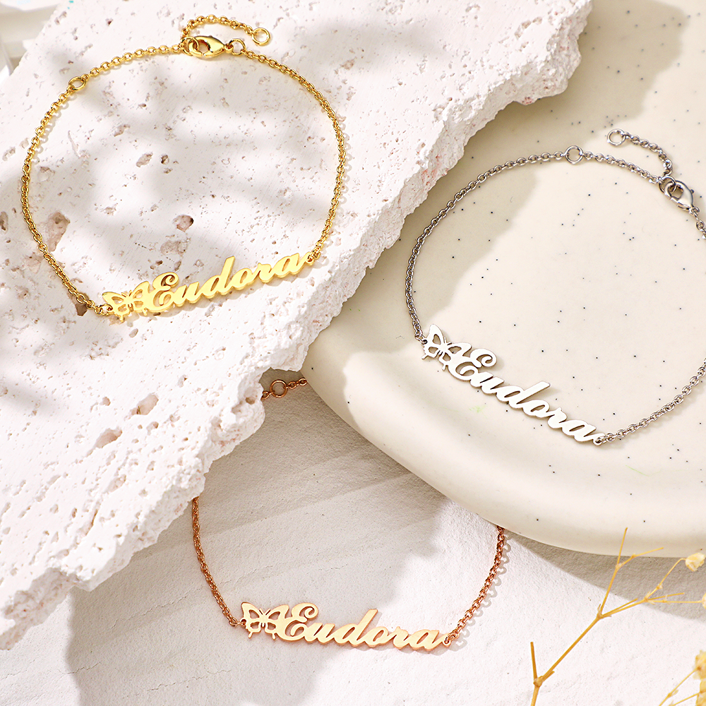 Pulseira Borboleta Com Nome Personalizado, Pulseira Com Nome Personalizado Para Ela - soufeelbr