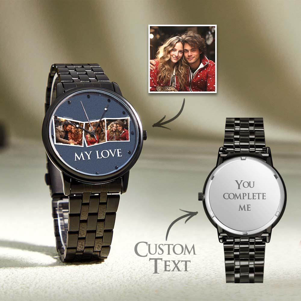 Personalized Engraved Men's Black Alloy Bracelet Photo Watch To My Boyfriend I Love You Gifts - soufeelbr