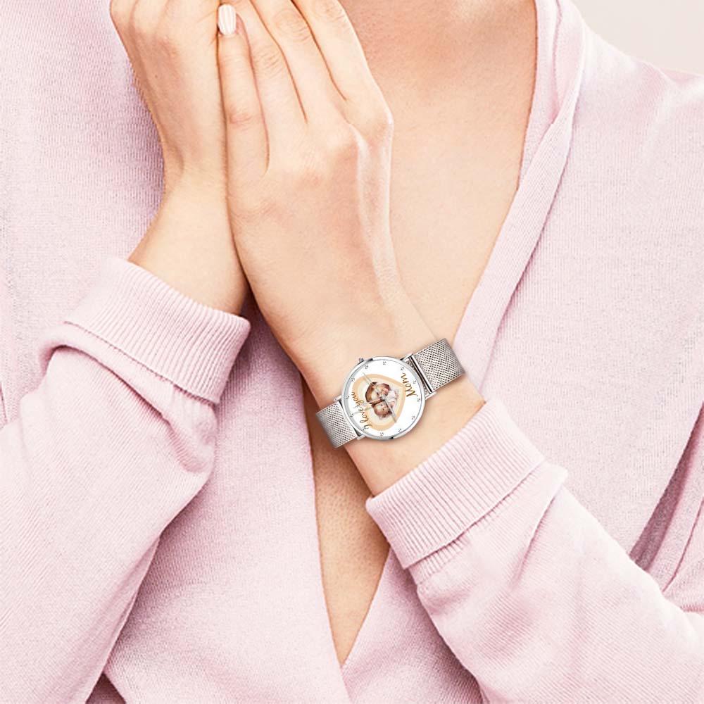 Relógios Fotográficos Gravados Em Coração Personalizados Com Pulseira De Liga, Presente De Dia Das Mães Para Mamãe - soufeelbr