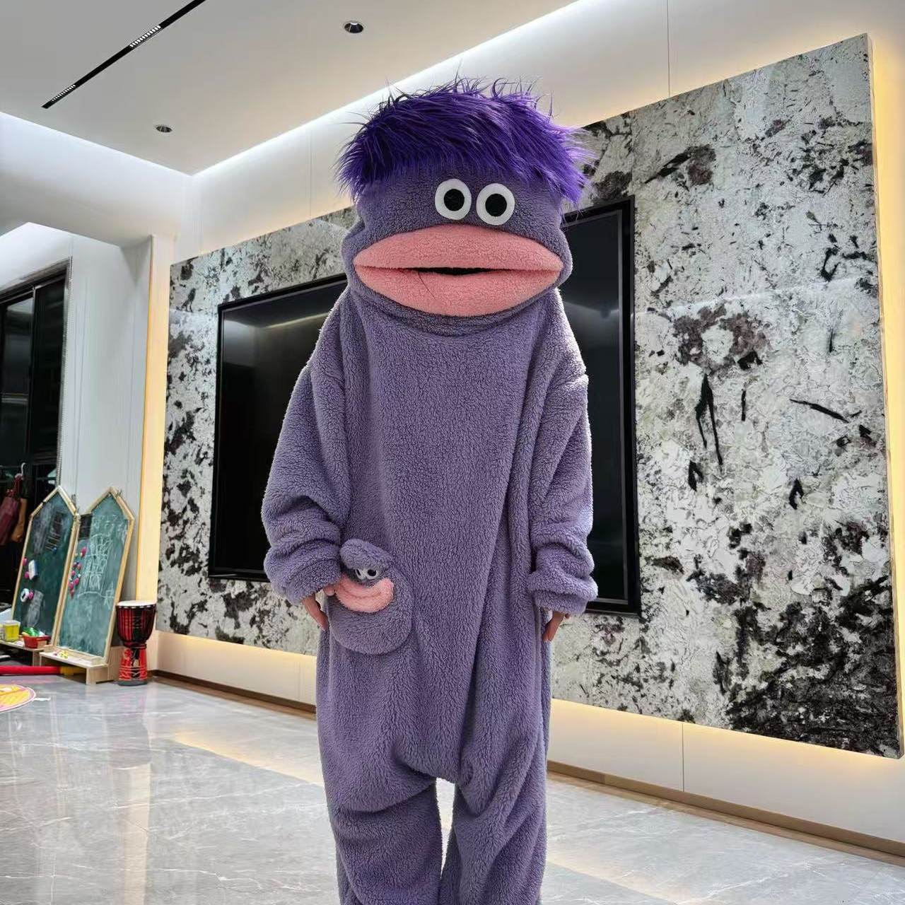 Pijama Engraçado De Uma Peça Com Monstro De Boca Grande – Loungewear De Inverno De Pelúcia Grossa Para Adultos - soufeelbr