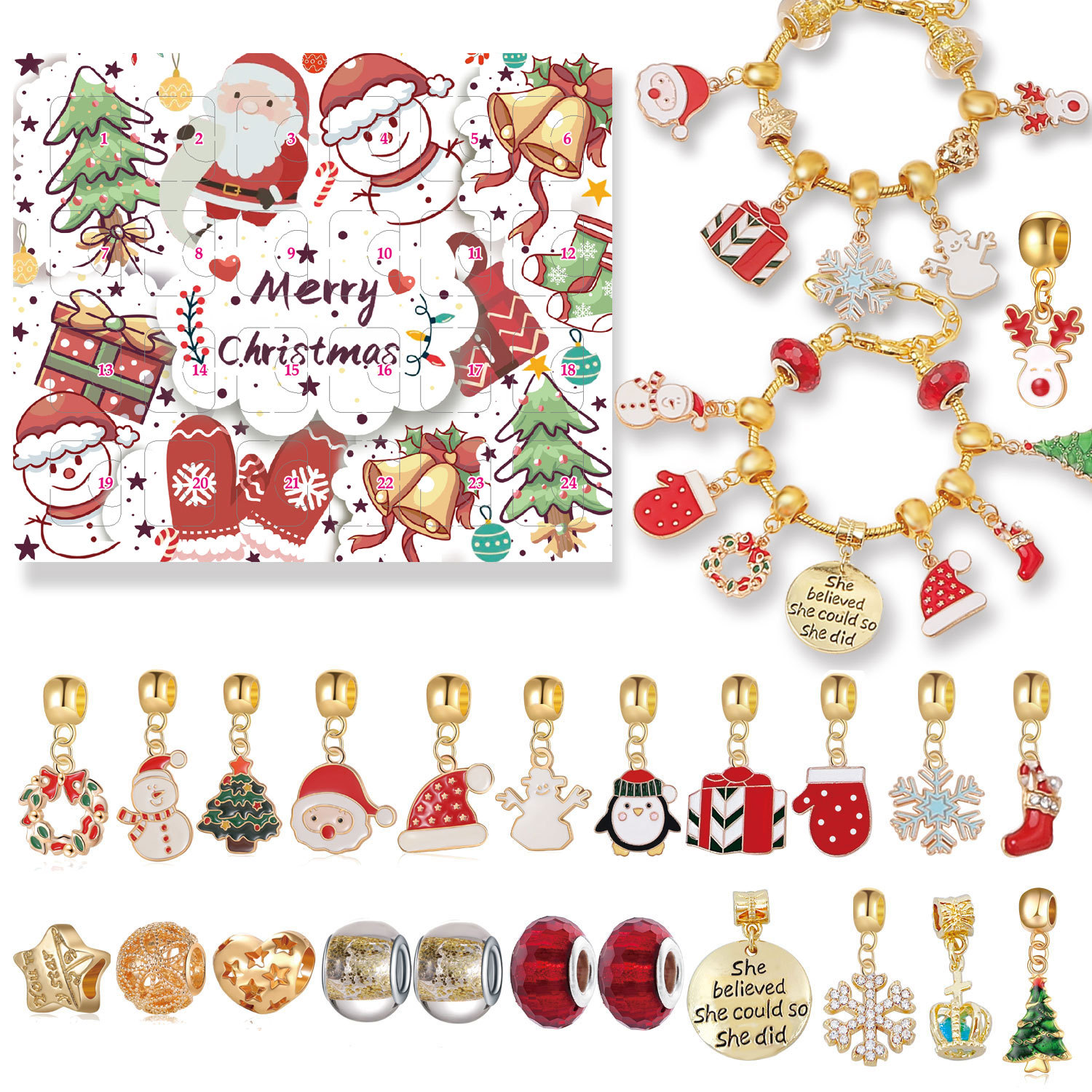 Natal Charme Contagem Regressiva Calendário Caixa De Presente Conjunto Diy Charme Jóias Árvore De Natal Pulseira Presente