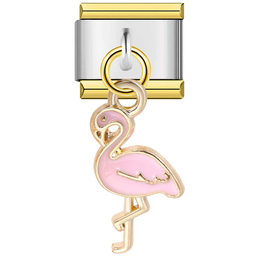 Pingente Flamingo Rosa Com Borda Dourada, Pingente Italiano Para Pulseiras Italianas, Link Composível - soufeelbr