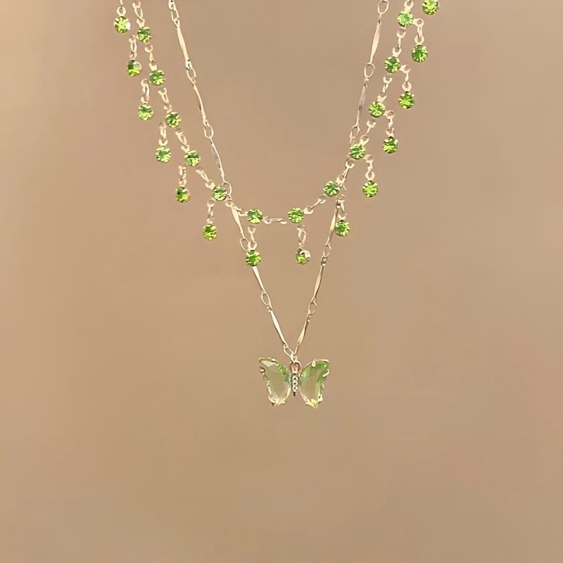 Conjunto De Colar De Borboleta Vintage – Colar Com Pingente Em Camadas De Cristal Verde Para Mulheres, Presente De Joias Boho Fairycore - soufeelbr