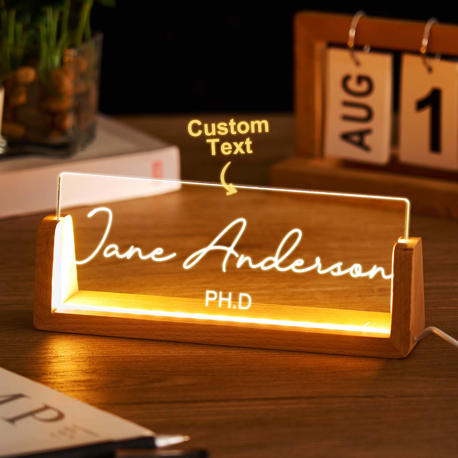Luz Noturna Gravada Com Placa De Identificação Personalizada Da Mesa De Escritório Com Presente De Escritório De Texto - soufeelbr