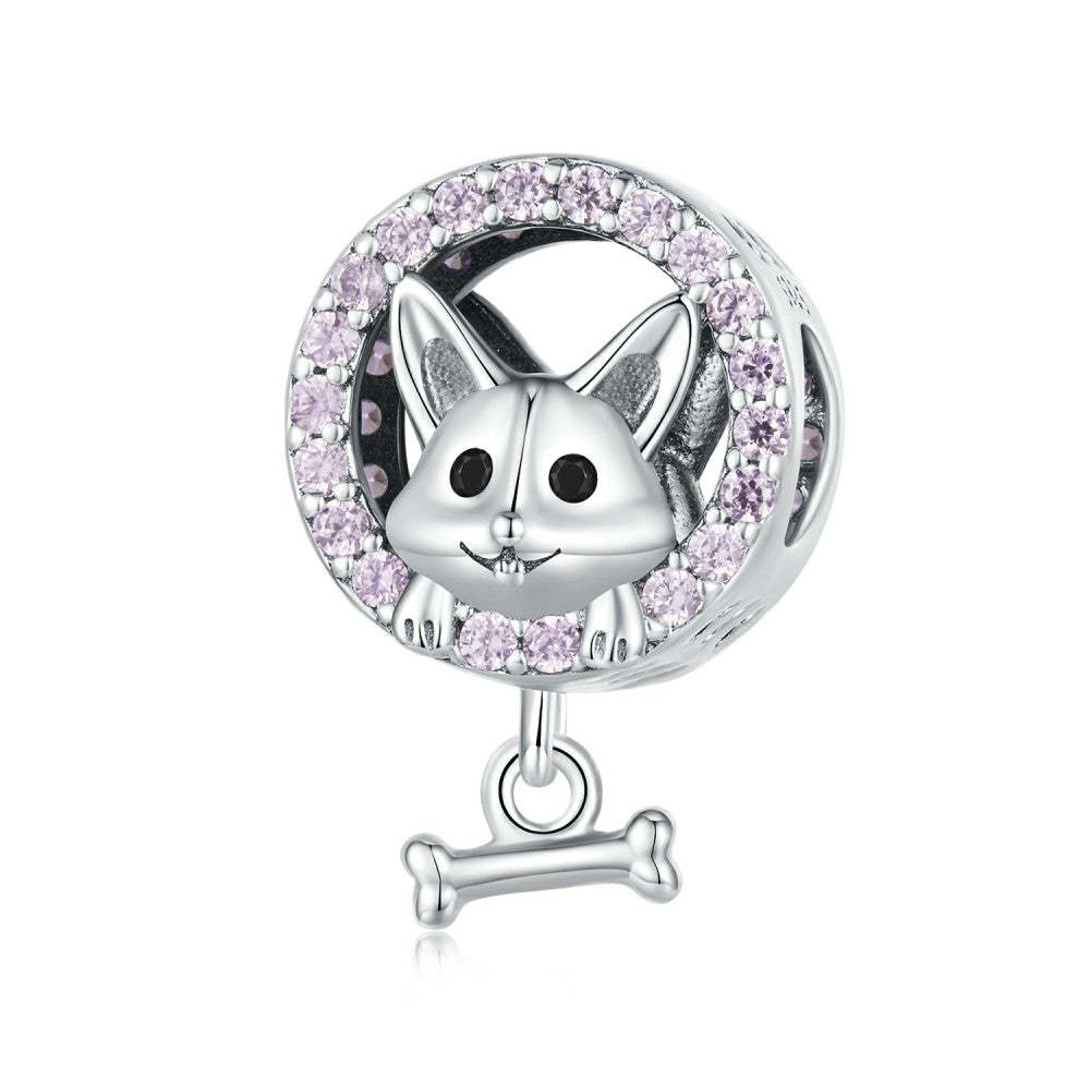 Amuleto Corgi Dog Rosa Zircão Presentes de prata para amantes de animais de estimação