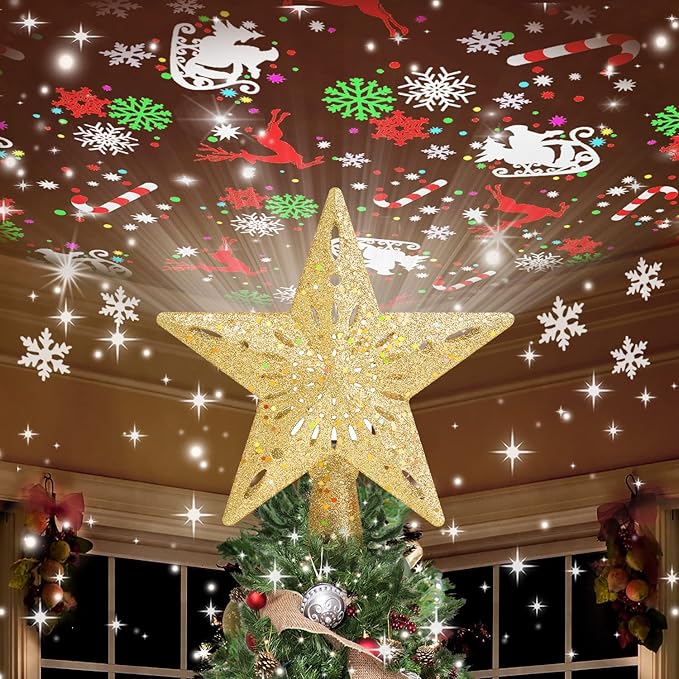 Topper De Árvore De Natal Com Estrela Iluminada Com 6 Modos De Projeção Topper De Árvore De Estrela De Natal Com Luzes Giratórias Led Topper De Árvore De Ouro 3d Glitter Projeção Dinâmica Para Decorações De Feriado De Festa De Natal - soufeelbr