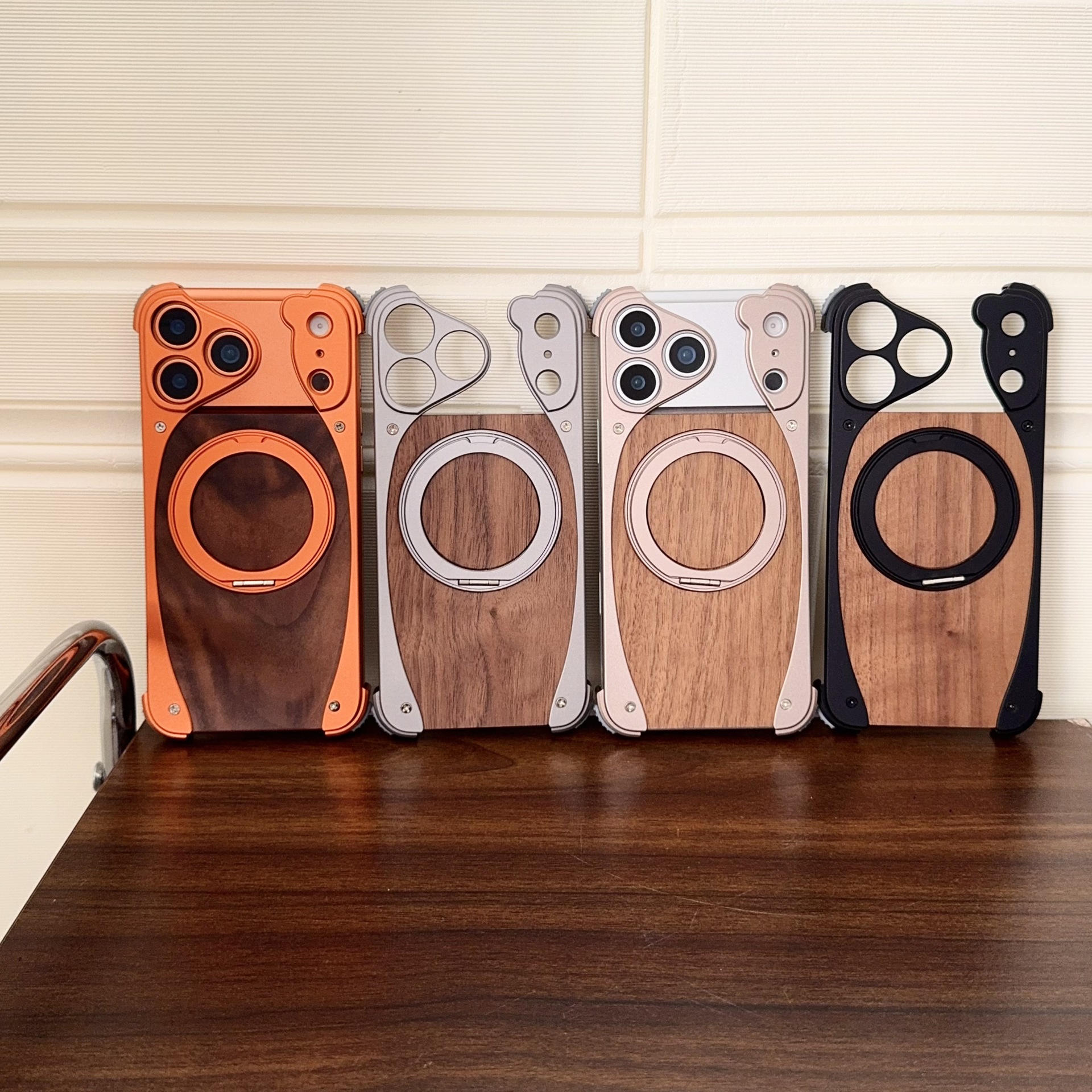 Capa De Telefone De Madeira De Nogueira, Pára-choque De Metal, Carregamento Magnético Sem Fio, Compatível Com Anel Giratório 360, Suporte à Prova De Choque, Capa Resistente, Presente Para Homens - soufeelbr