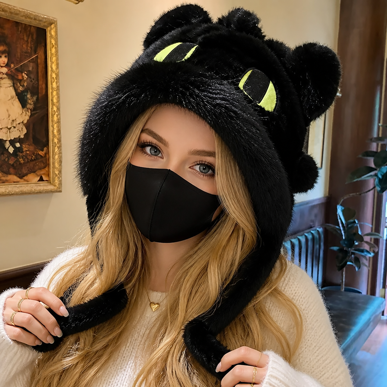 Chapéu De Pelúcia Fofo De Desenho Animado Com Olhos Grandes – Adorável Chapéu De Animal Felpudo E Macio, Acessório Divertido De Inverno Para Halloween, Natal E Uso Diário - soufeelbr