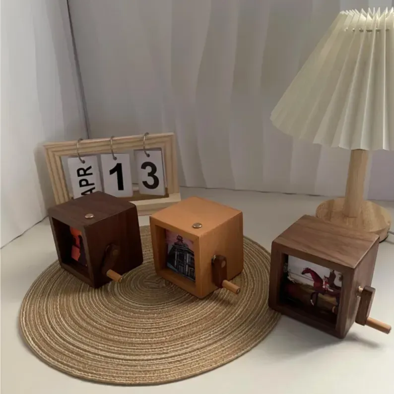 Moldura de livro flip personalizado, máquina de animação, álbum de fotos mecânico com manivela, com moldura de cubo de fotos de bebê em nogueira preta clara, presente criativo