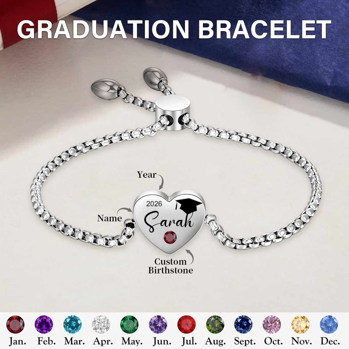 Presente De Pulseira De Pedra De Aniversário De Formatura Personalizado Para Graduados - soufeelbr