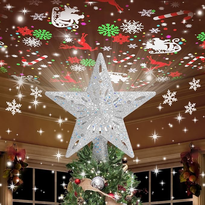 Topper De Árvore De Natal Com Estrela Iluminada Com 6 Modos De Projeção Topper De Árvore De Estrela De Natal Com Luzes Giratórias Led Topper De Árvore De Ouro 3d Glitter Projeção Dinâmica Para Decorações De Feriado De Festa De Natal - soufeelbr
