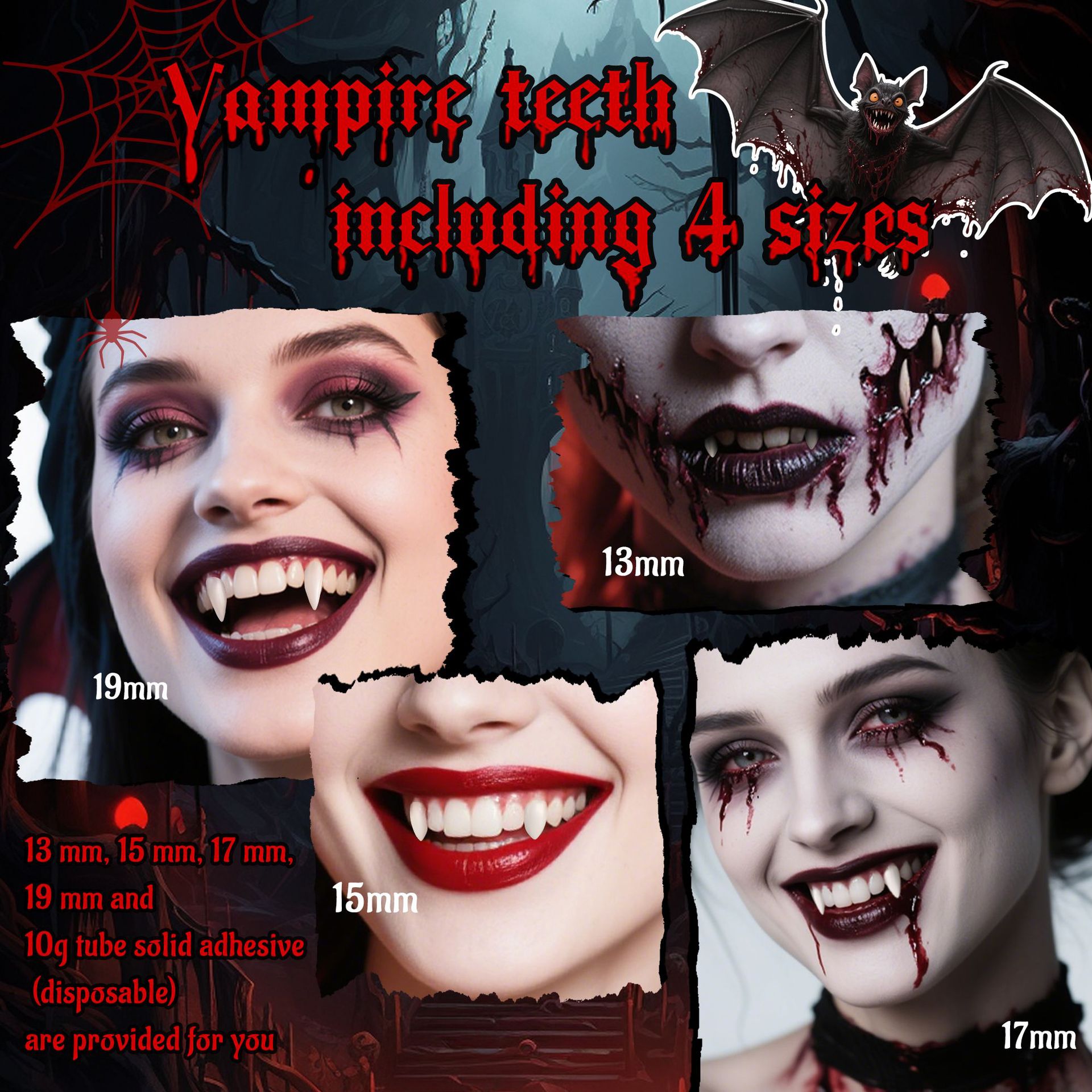 Presas De Vampiro Para O Halloween – 4 Pares Em 4 Tamanhos Diferentes, Dentes Falsos Com Adesivo, Ideal Para Fantasia De Cosplay, Embalagem Em Formato De Caixão, Conjunto Com Formato Assustador, Vegano E Reutilizável - soufeelbr