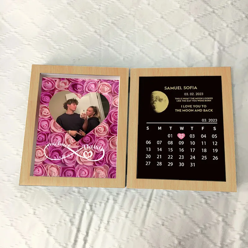 Sinal De Infinito Com Nomes, Moldura De Flores Personalizadas Com Calendário De Aniversário De Fase De Lua Real - soufeelbr