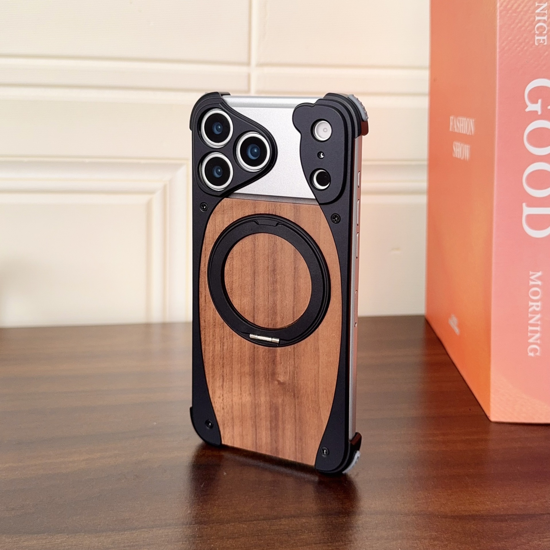 Capa De Telefone De Madeira De Nogueira, Pára-choque De Metal, Carregamento Magnético Sem Fio, Compatível Com Anel Giratório 360, Suporte à Prova De Choque, Capa Resistente, Presente Para Homens - soufeelbr