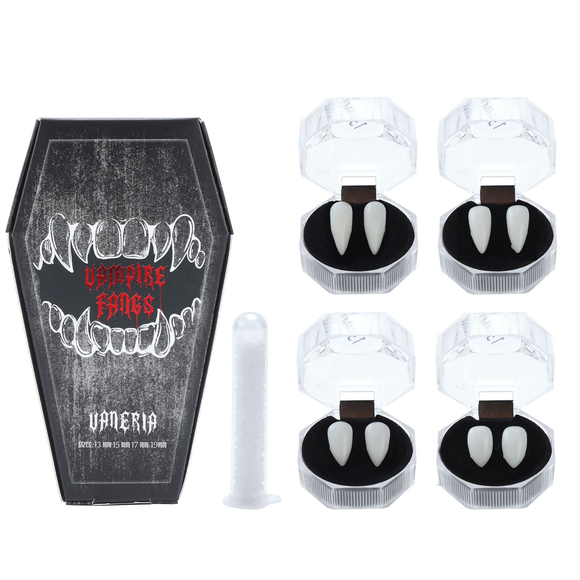 Presas De Vampiro Para O Halloween – 4 Pares Em 4 Tamanhos Diferentes, Dentes Falsos Com Adesivo, Ideal Para Fantasia De Cosplay, Embalagem Em Formato De Caixão, Conjunto Com Formato Assustador, Vegano E Reutilizável - soufeelbr