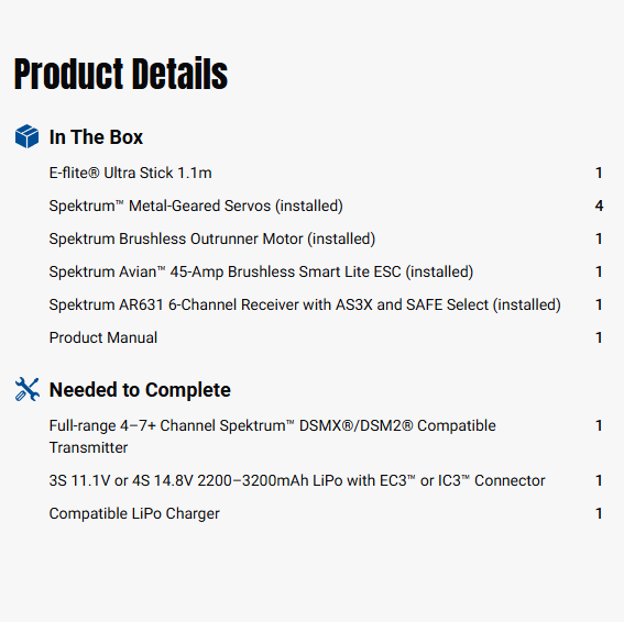 E-flite Ultra Stick 1100mm BNF Basic RC Trainer Aircraft w/AS3X & SAFE-EFL14050