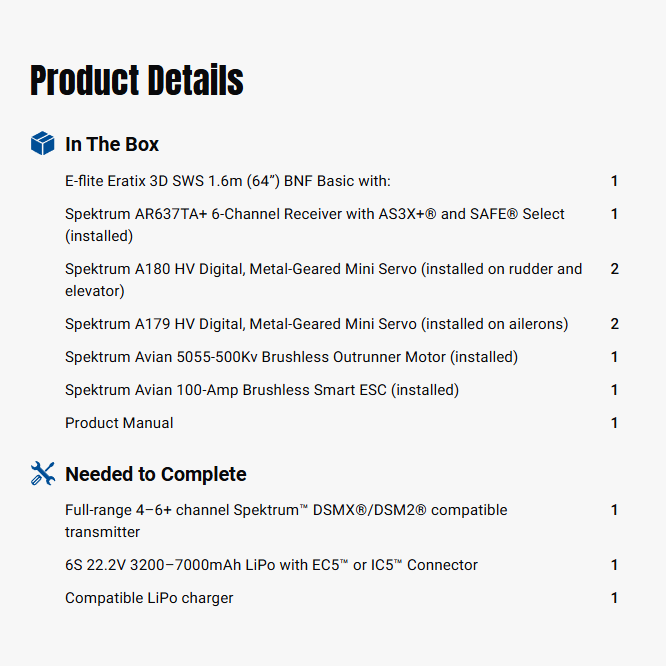 E-flite Eratix 3D SWS 1600mm (64") BNF Basic with AS3X+ and SAFE Select-EFL-13350