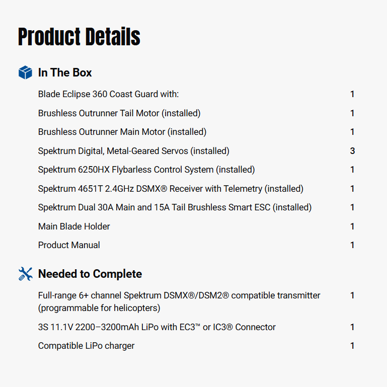 Blade Eclipse 360 Coast Guard BNF Basic with AS3X and SAFE-BLH01250B